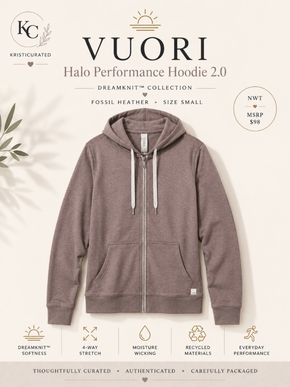 🌅 Vuori Halo Performance Hoodie 2.0 DreamKnit Fossil Heather NWT Small